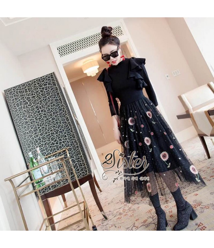 Bold & Black Floral Netting Dress
